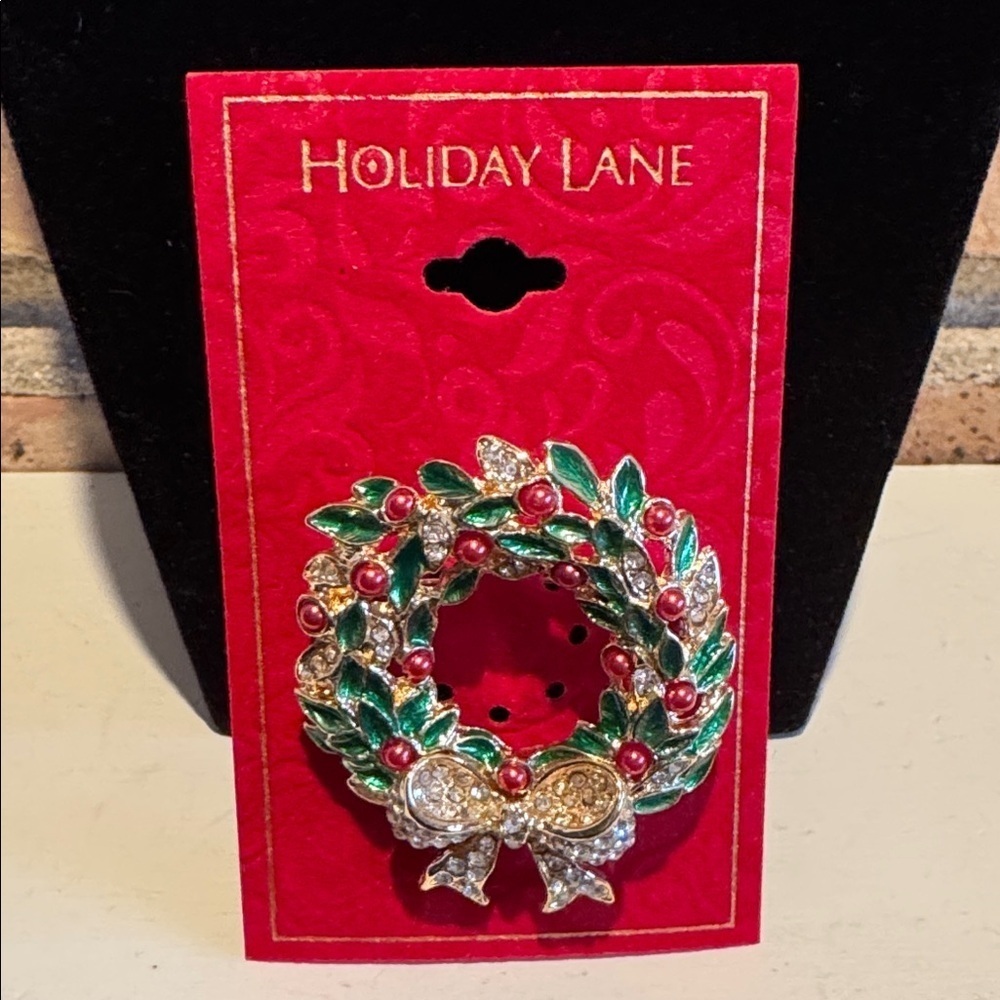 Festive Wreath Brooch from Macy's in Gold, Pave, Green & Red - NEW